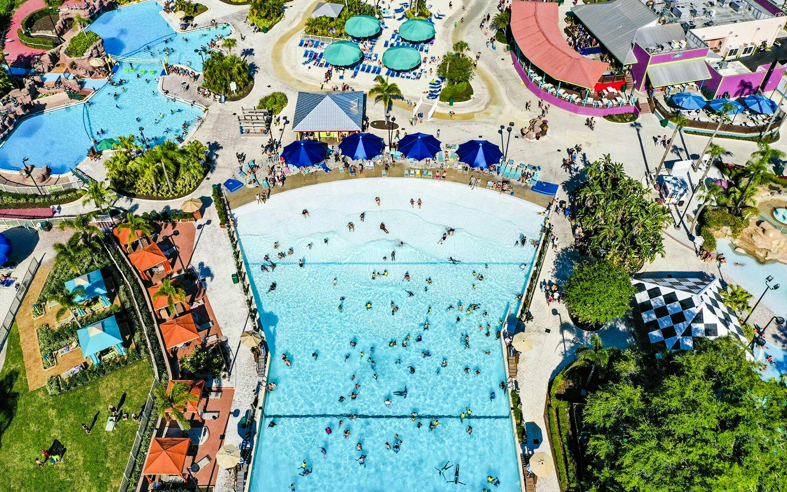 Aerial view of wave pool and sunbathers at Adventure Island, Tampa.