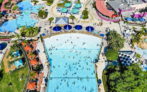 Aerial view of wave pool and sunbathers at Adventure Island, Tampa.