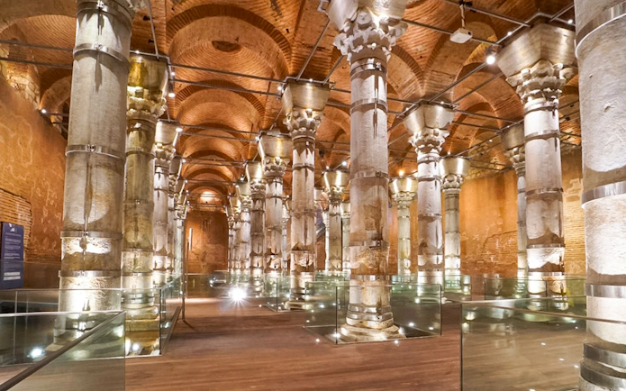 Basilica Cistern interior with illuminated columns and vaulted ceilings in Istanbul.