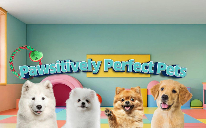 Dogs in colorful playroom at Just Pets Megastore with "Pawsitively Perfect Pets" sign.