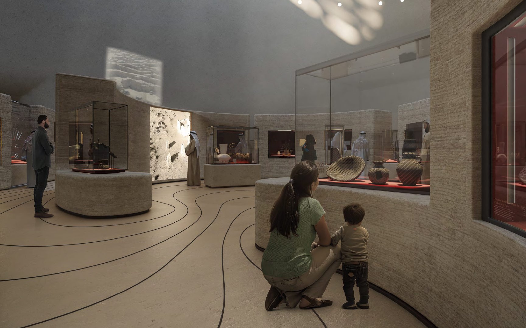 Mom and child viewing exhibits at Zayed National Museum.