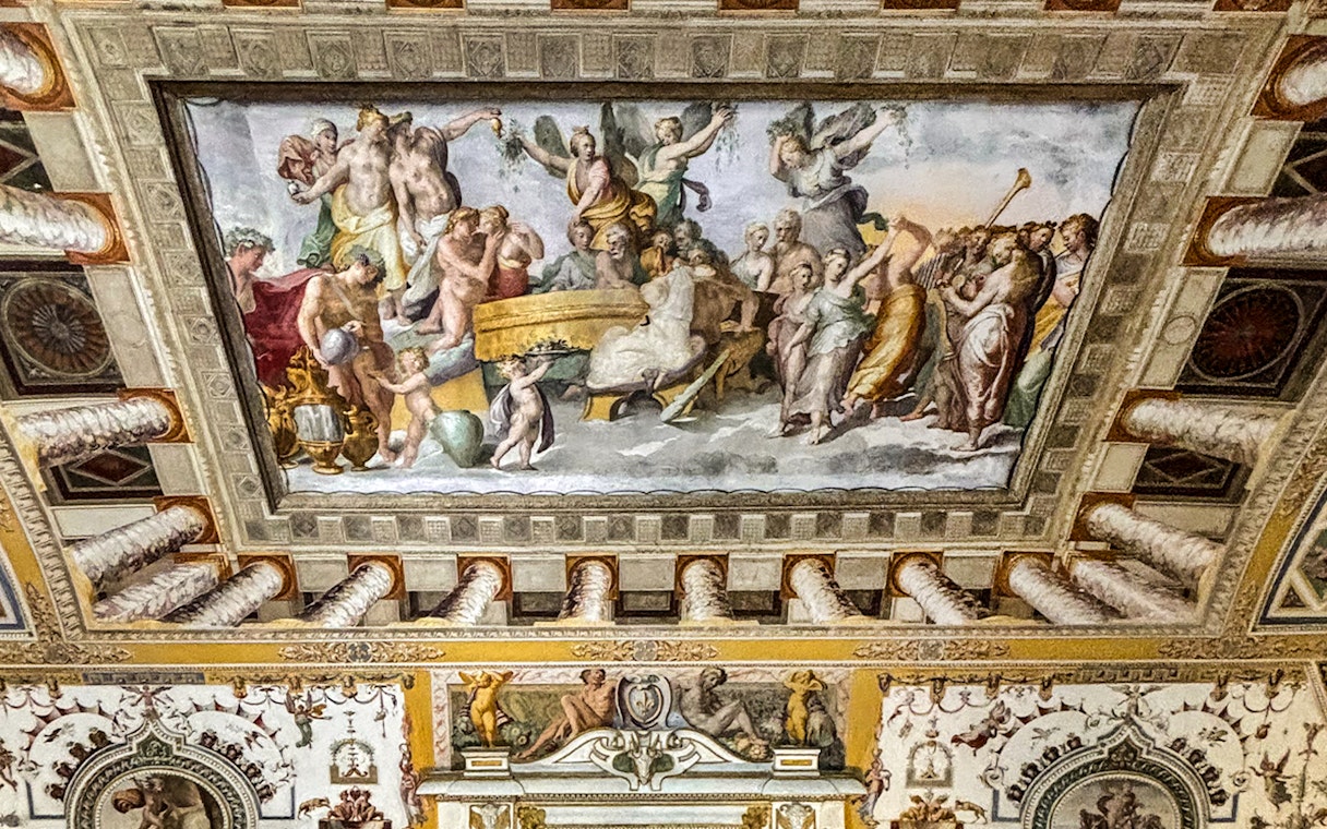 Ceiling fresco depicting mythological figures at Villa d'Este, Italy.