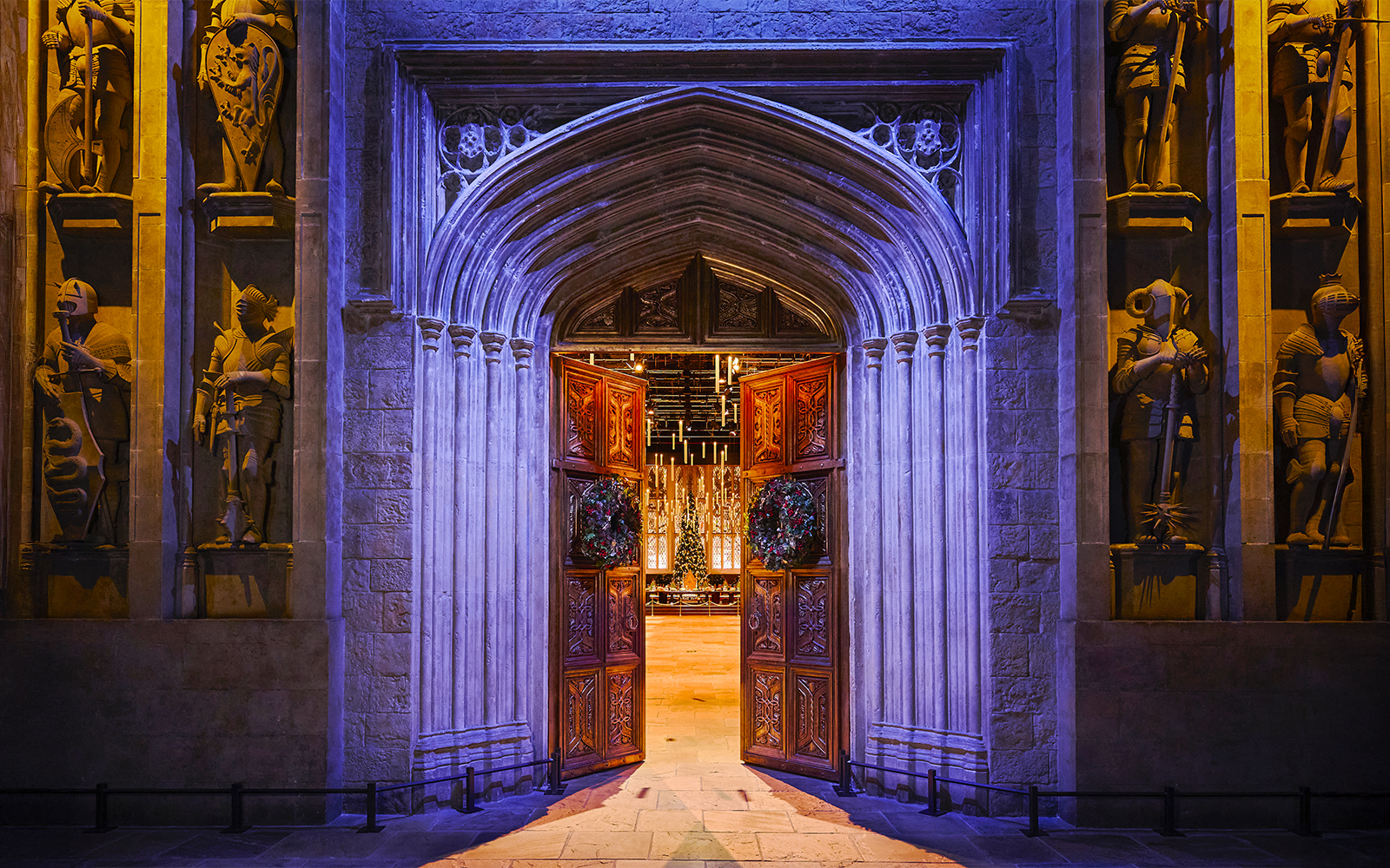 Entrance to the Great Hall decorated for Christmas at Harry Potter Studio Tour Tokyo.