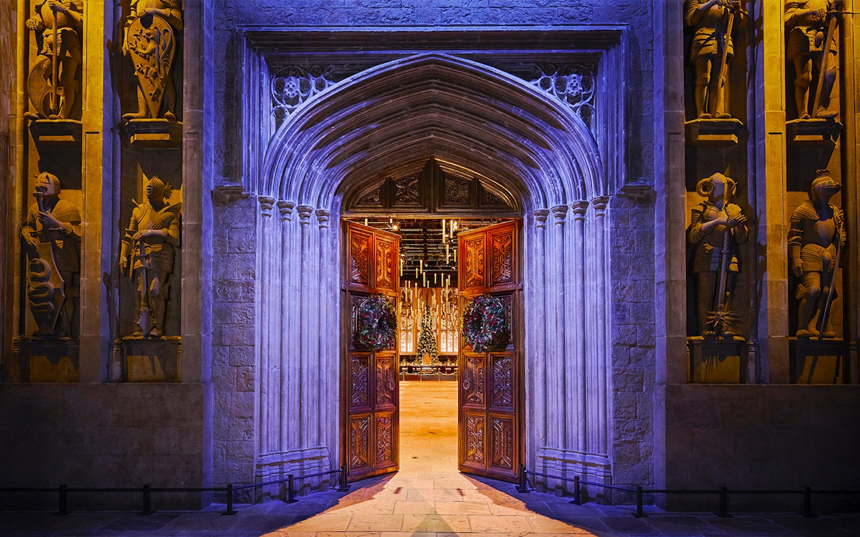 Entrance to the Great Hall decorated for Christmas at Harry Potter Studio Tour Tokyo.