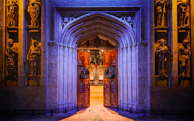 Entrance to the Great Hall decorated for Christmas at Harry Potter Studio Tour Tokyo.