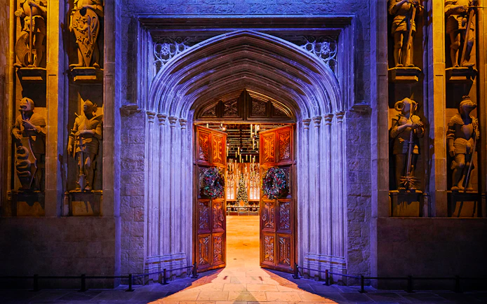 Entrance to the Great Hall decorated for Christmas at Harry Potter Studio Tour Tokyo.