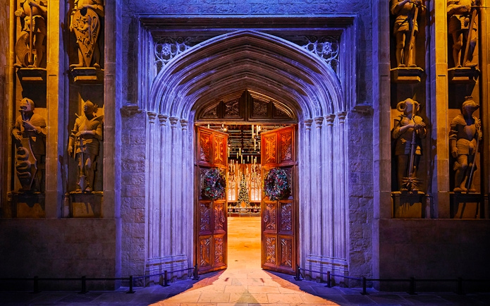 Entrance to the Great Hall decorated for Christmas at Harry Potter Studio Tour Tokyo.