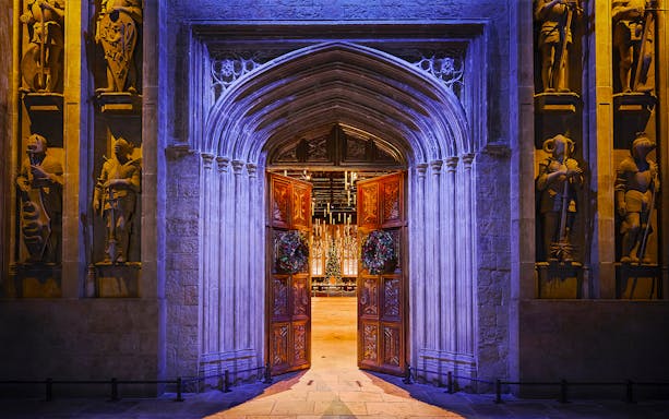 Entrance to the Great Hall decorated for Christmas at Harry Potter Studio Tour Tokyo.