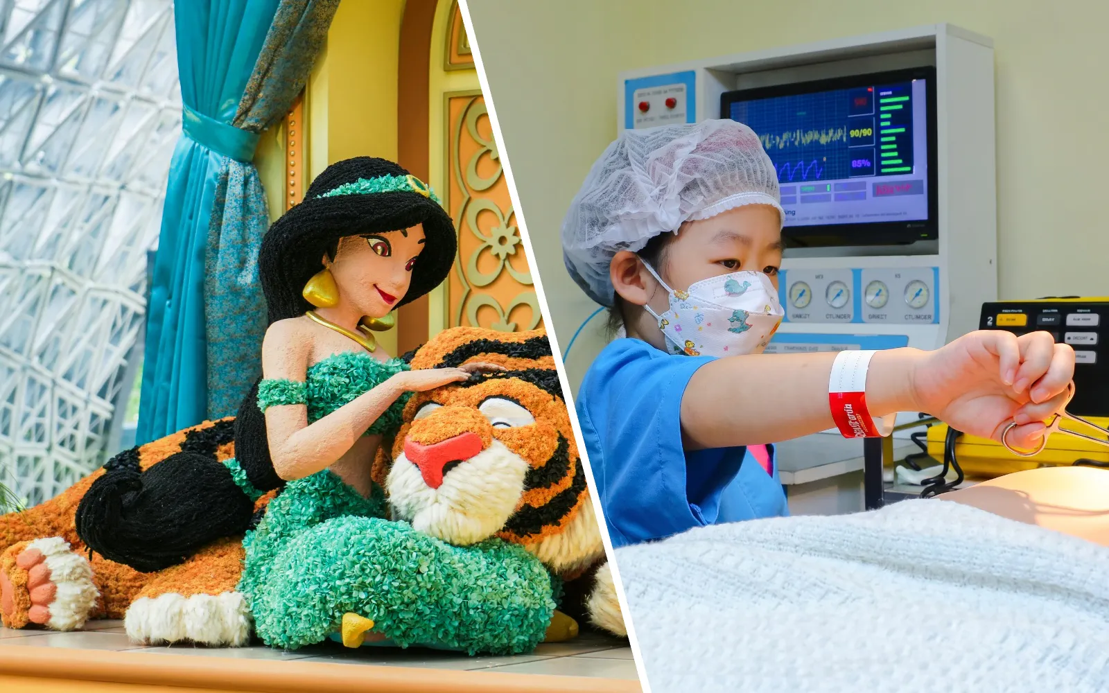 Jasmine topiary with Rajah at Disney Garden of Wonder; child practicing surgery at KidZania.
