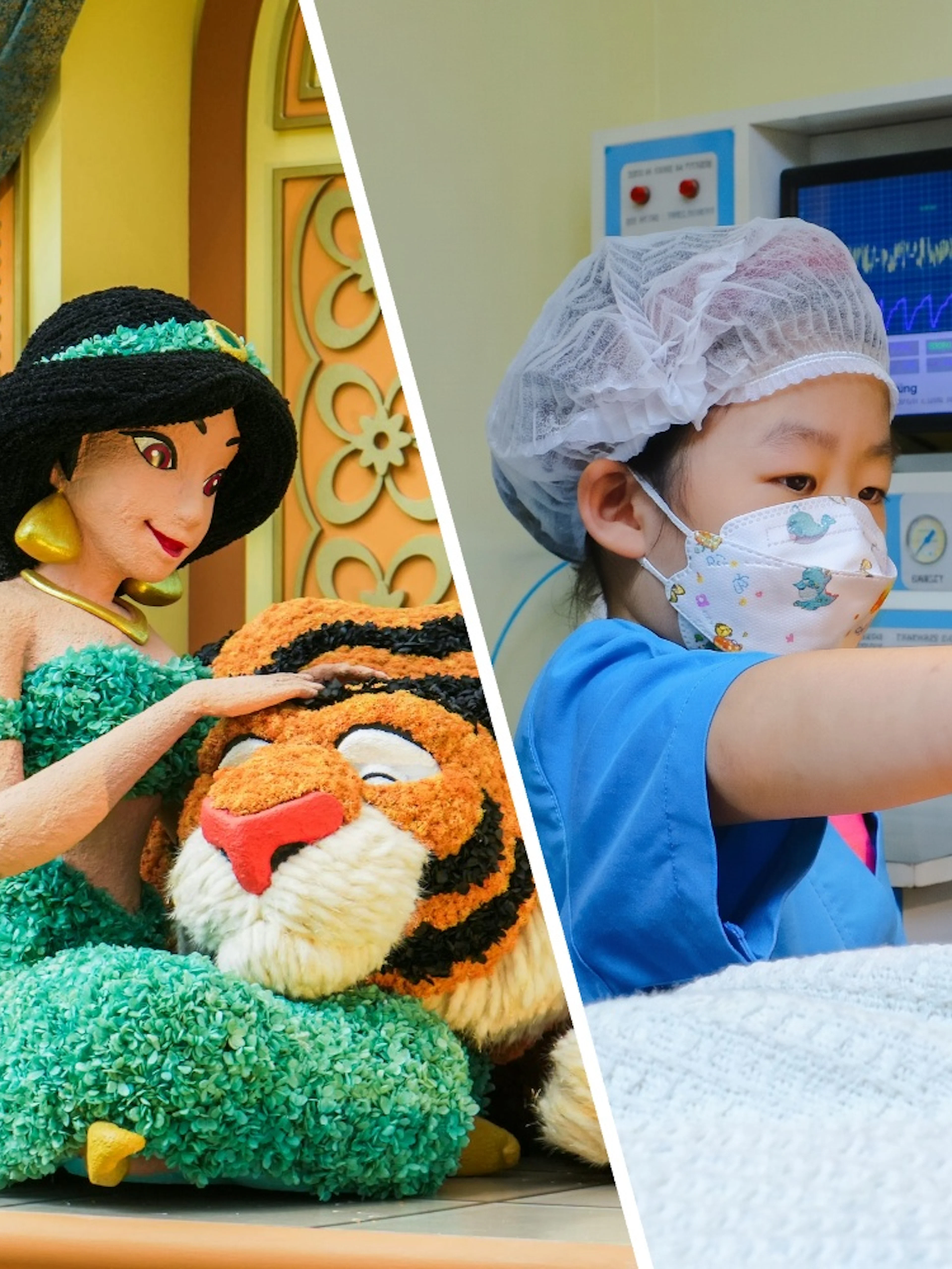 Jasmine topiary with Rajah at Disney Garden of Wonder; child practicing surgery at KidZania.