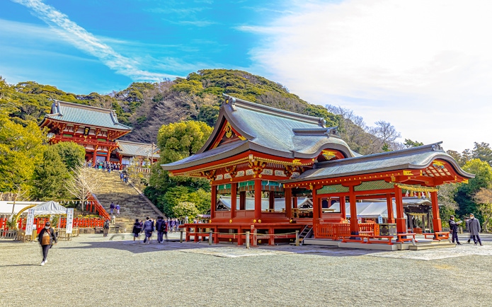 Tsurugaoka Hachimangu Shrine in Kamakura, Japan, with visitors exploring the grounds.