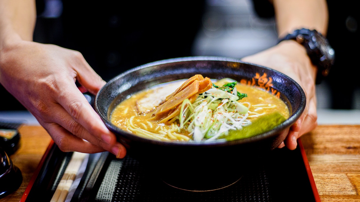 Cooked ramen getting served at Ramen factory in Kyoto