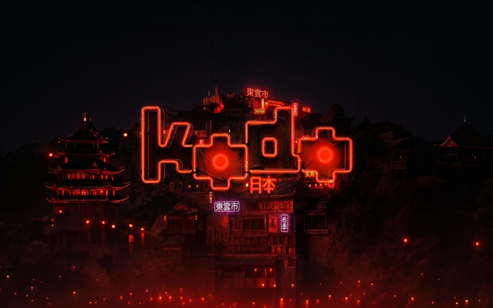 Kōdō neon sign glowing over traditional Asian architecture at night, Lio Ibiza.