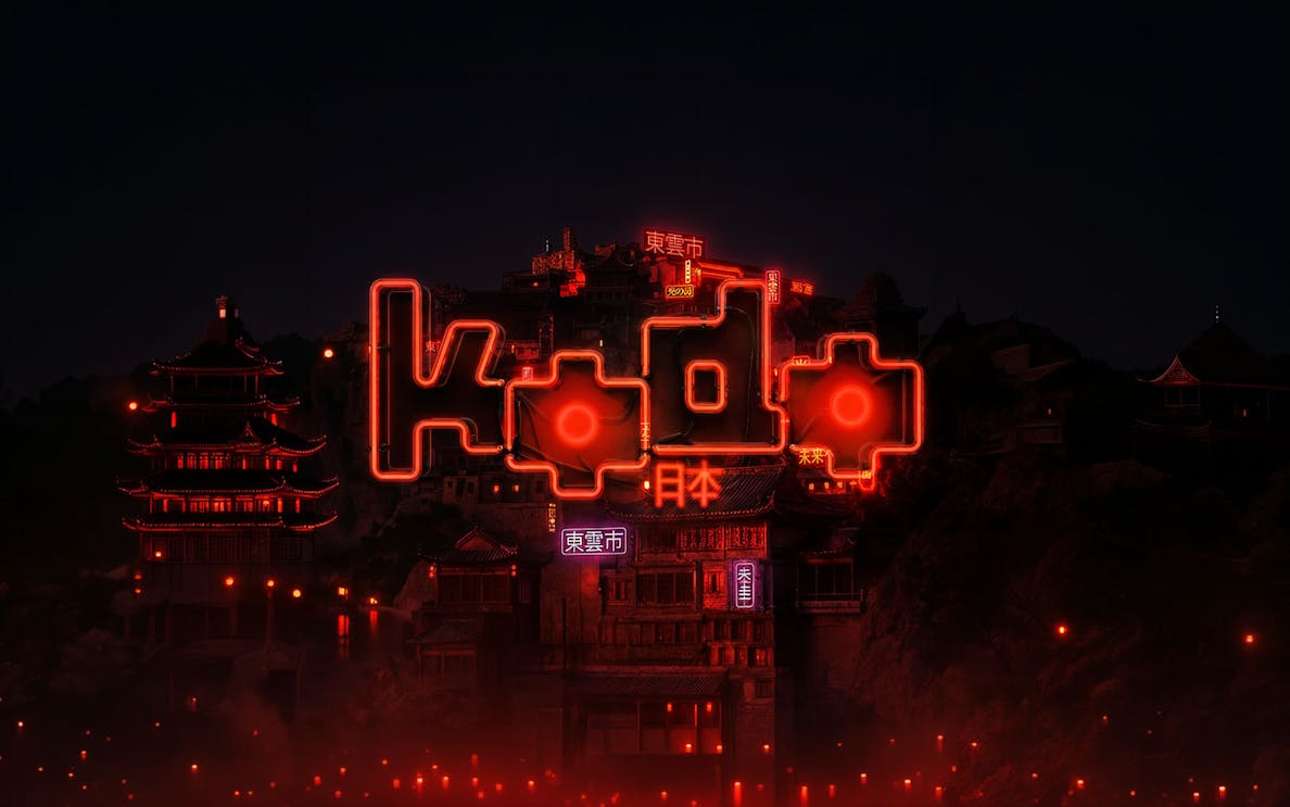 Kōdō neon sign glowing over traditional Asian architecture at night, Lio Ibiza.