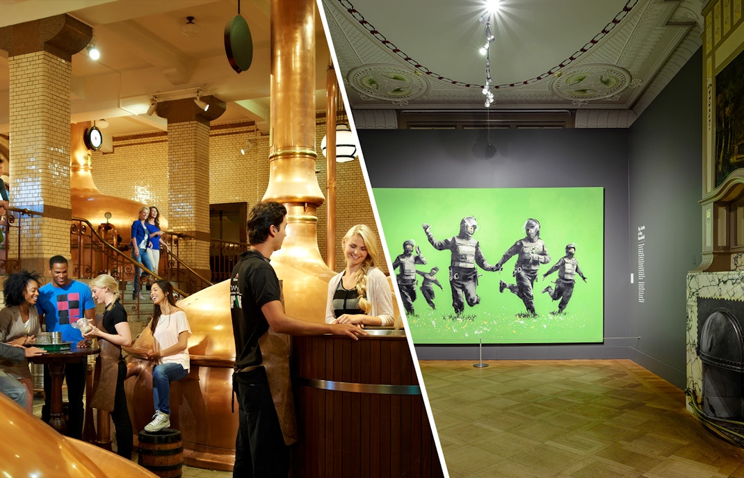 Heineken Experience building in Amsterdam with Moco Museum in the background.