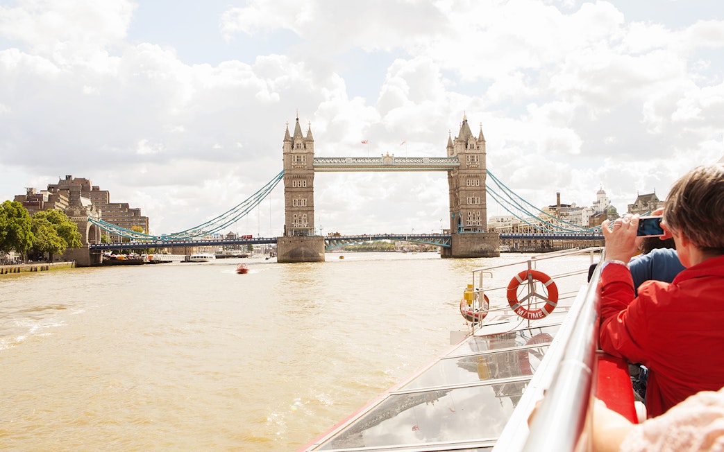 Tower Bridge view from Thames River cruise in London.
