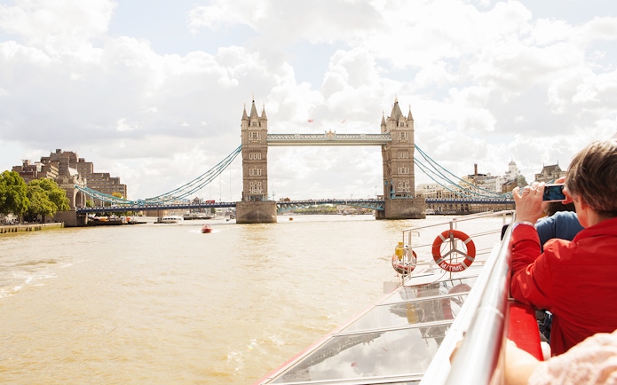 Tower Bridge view from Thames River cruise in London.