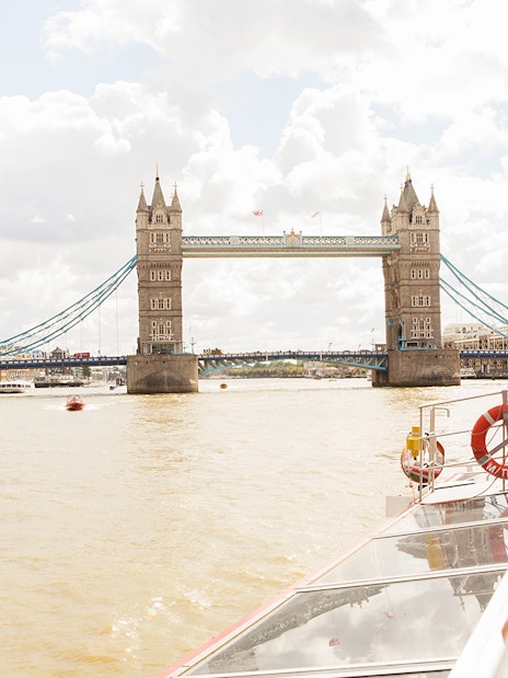 Tower Bridge view from Thames River cruise in London.