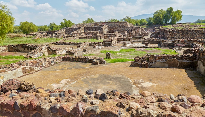 Ruins of Teotihuacan with ancient stone structures and greenery in the background.