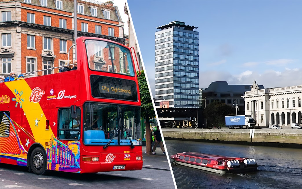 Dublin hop on hop off bus near historic buildings and river with boat.