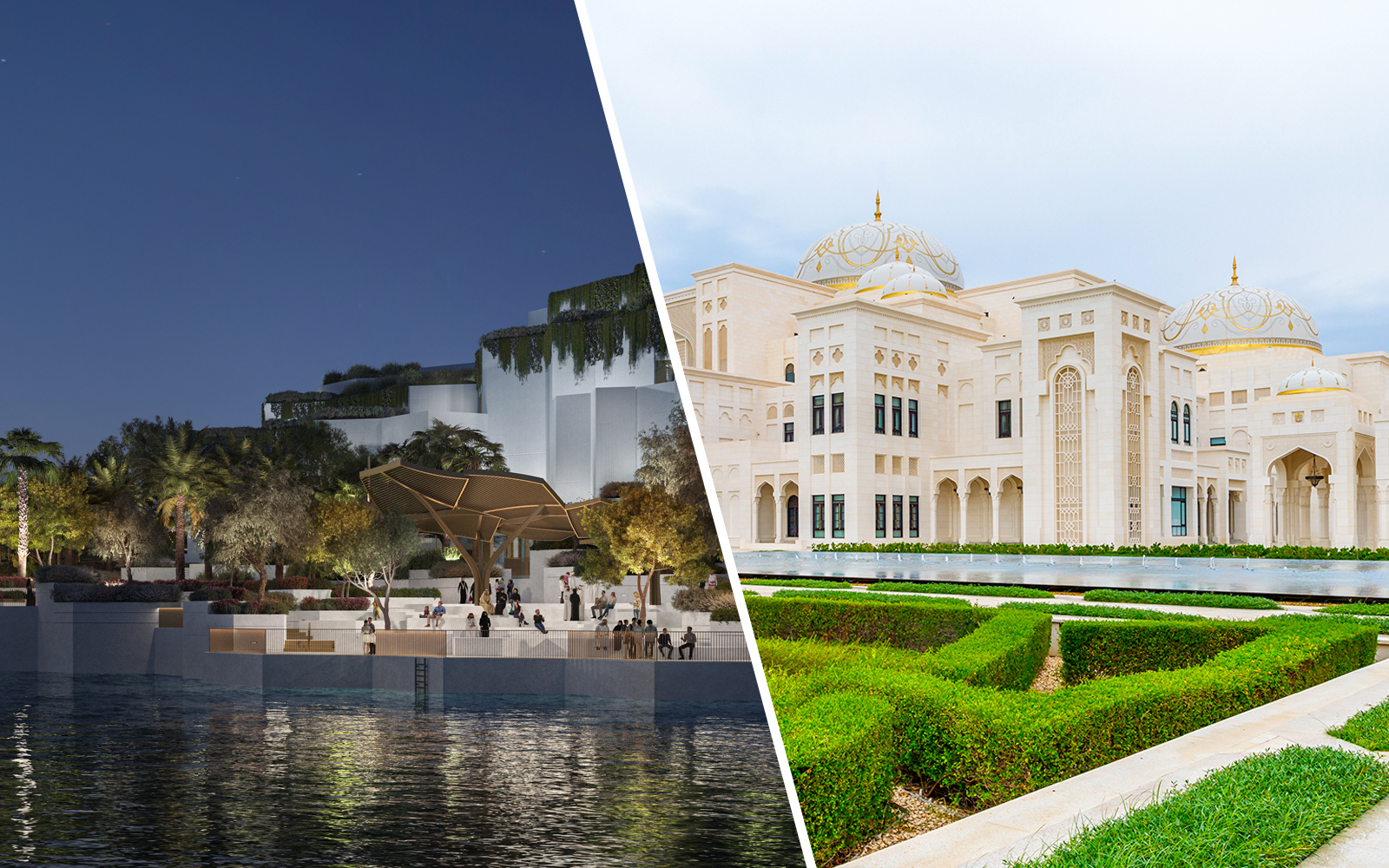 Aerial view of National History Museum Abu Dhabi at night with illuminated gardens.