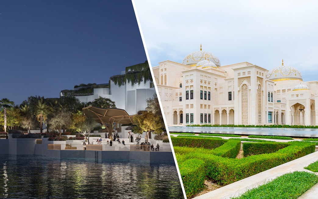 Aerial view of National History Museum Abu Dhabi at night with illuminated gardens.