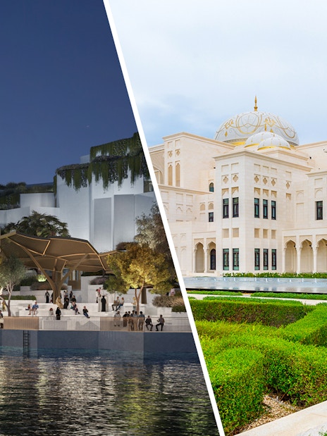 Aerial view of National History Museum Abu Dhabi at night with illuminated gardens.