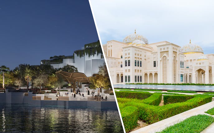 Aerial view of National History Museum Abu Dhabi at night with illuminated gardens.