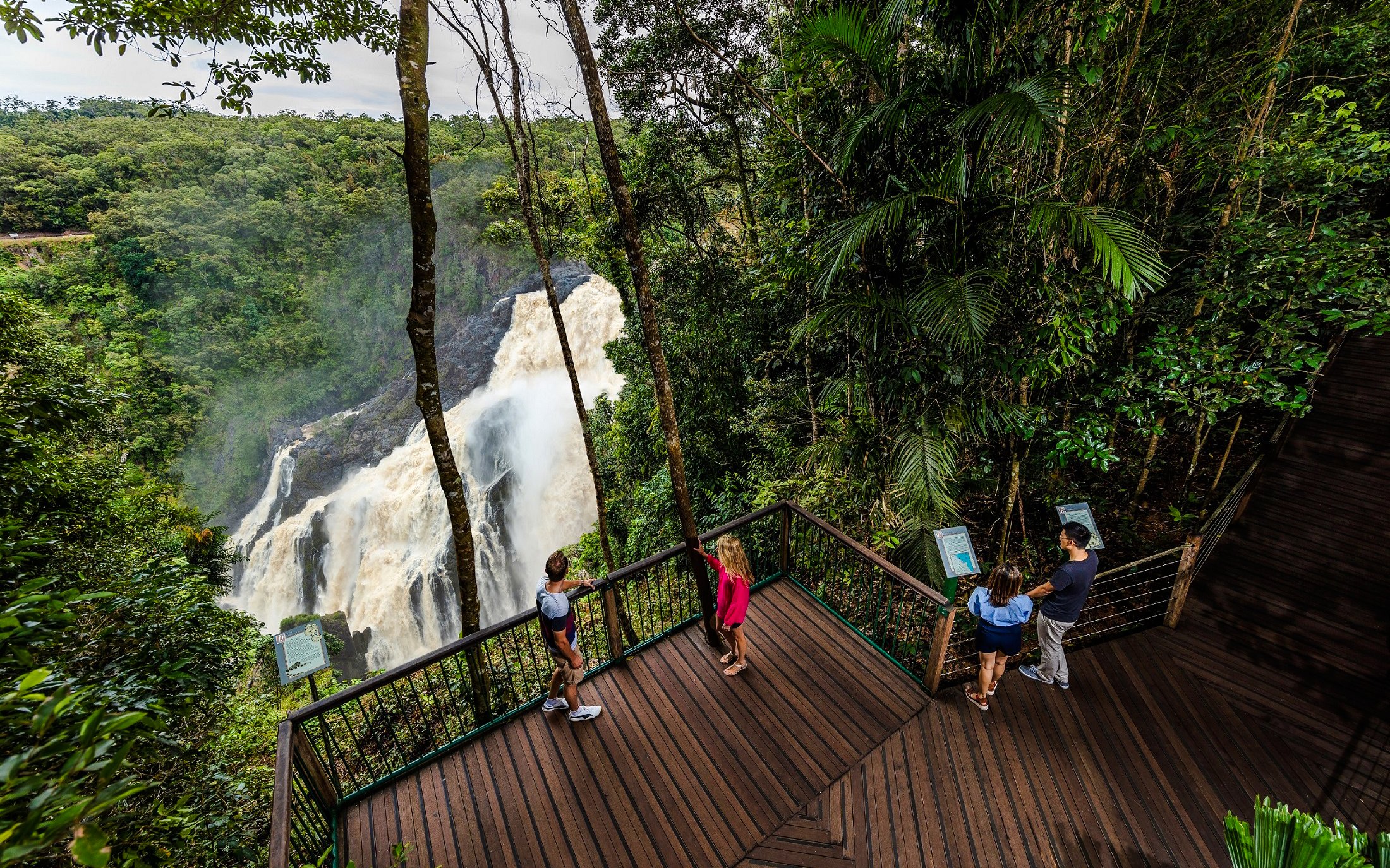 Visitors on a viewing platform overlooking Barron Falls in Kuranda rainforest.