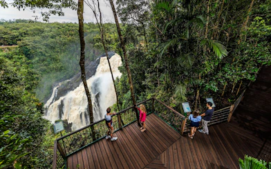 Visitors on a viewing platform overlooking Barron Falls in Kuranda rainforest.