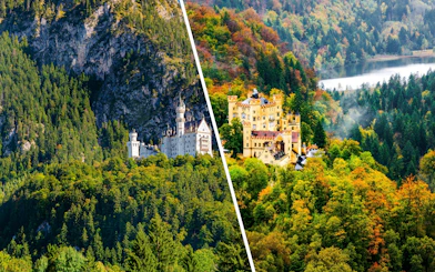 Neuschwanstein Castle and Hohenschwangau Castle surrounded by forested hills in Bavaria, Germany.