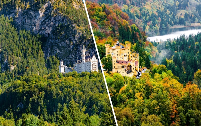 Neuschwanstein Castle and Hohenschwangau Castle surrounded by forested hills in Bavaria, Germany.