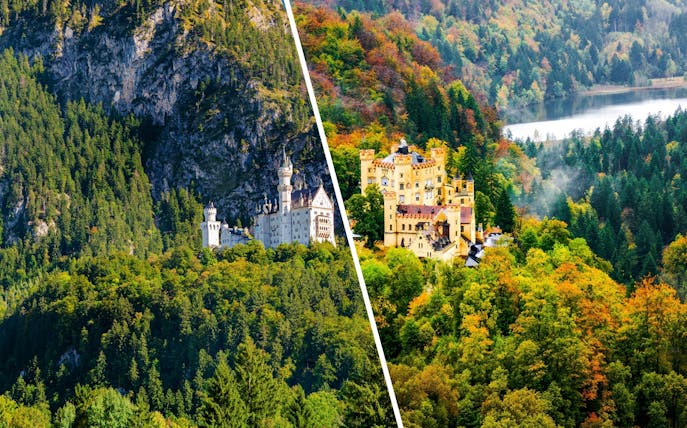 Neuschwanstein Castle and Hohenschwangau Castle surrounded by forested hills in Bavaria, Germany.