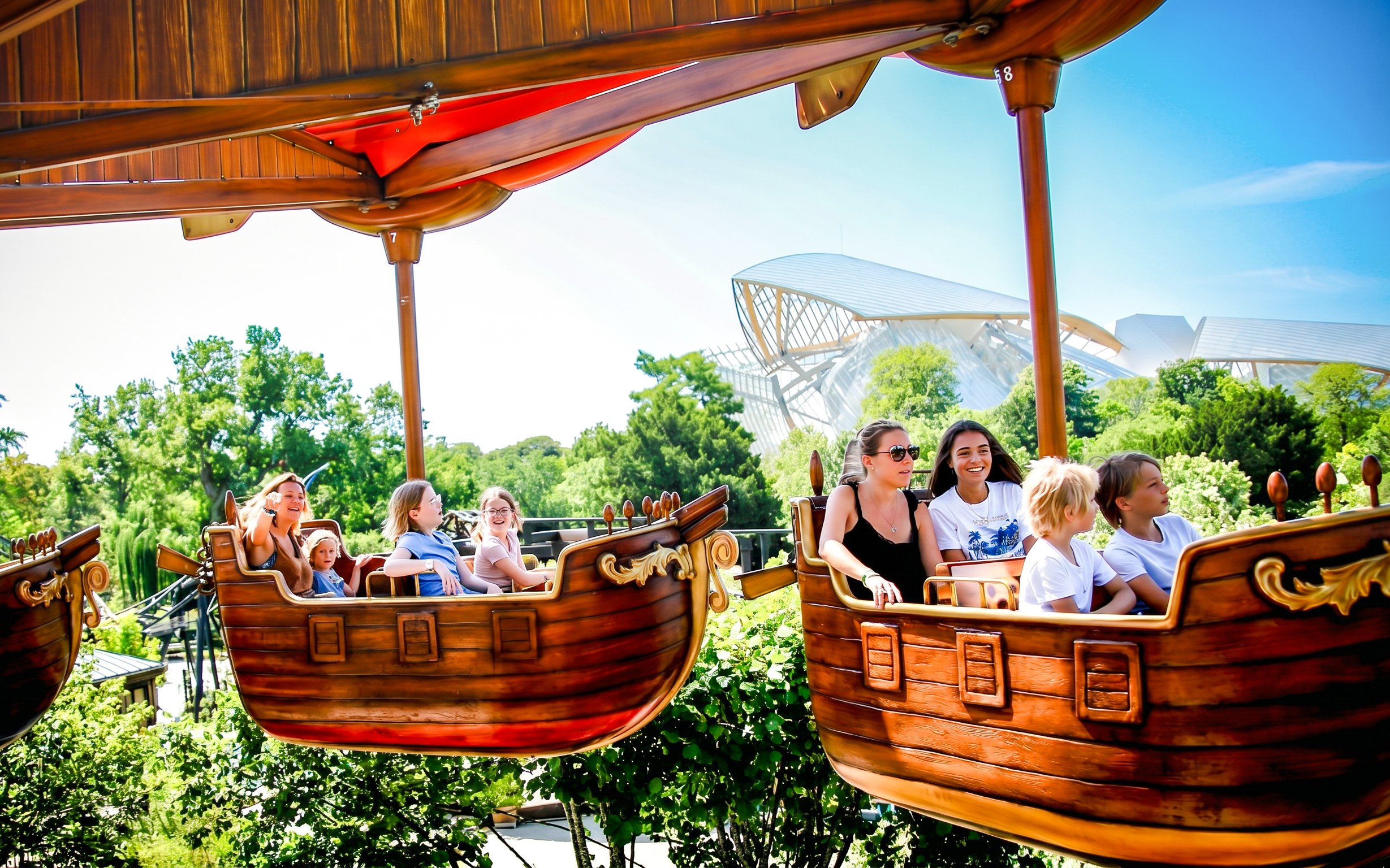 Families enjoying a boat ride at Jardin d'Acclimatation, Paris, with lush greenery and modern architecture in the background.