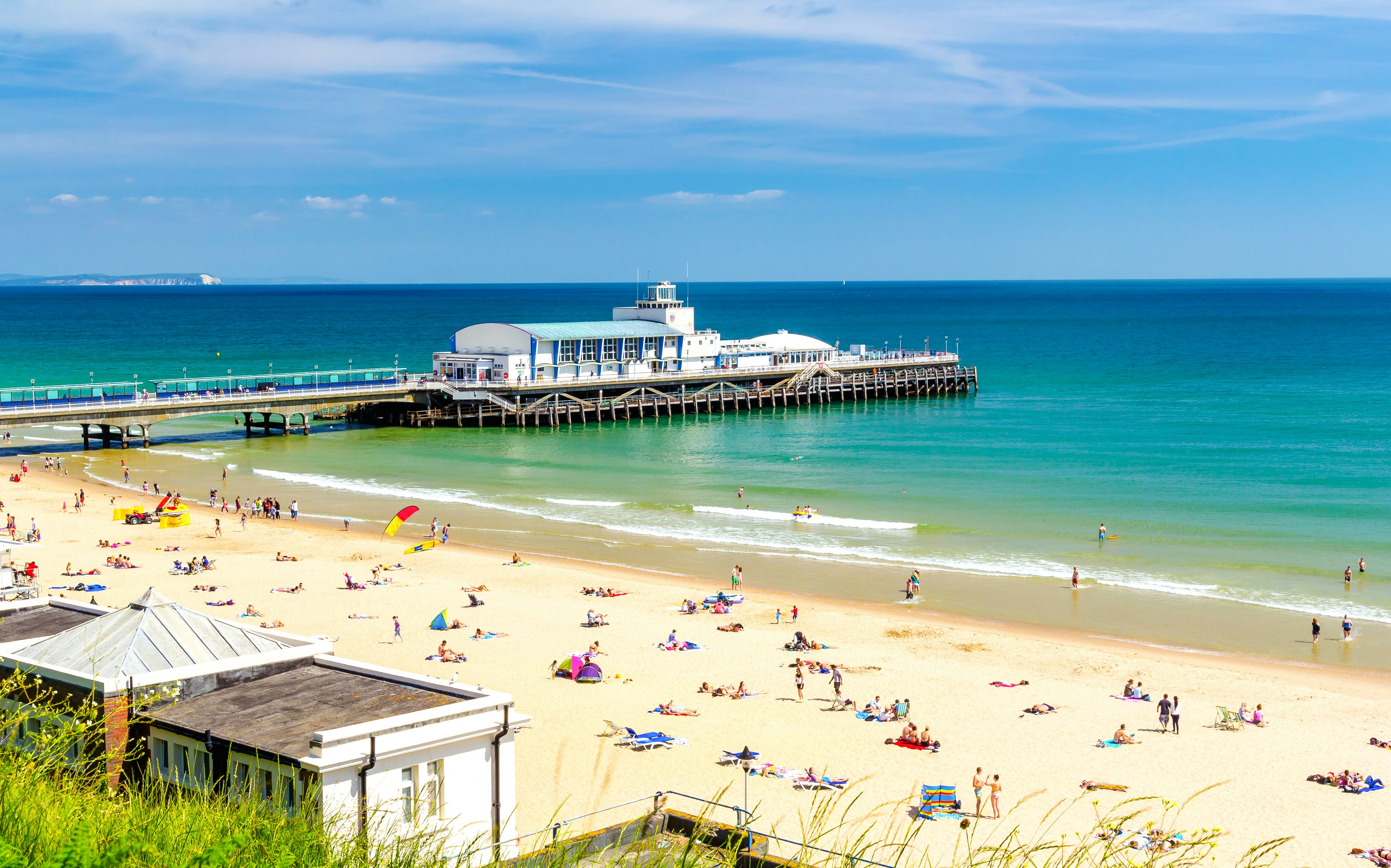 Panoramic view of beach with Bournemouth pier, Bournemouth