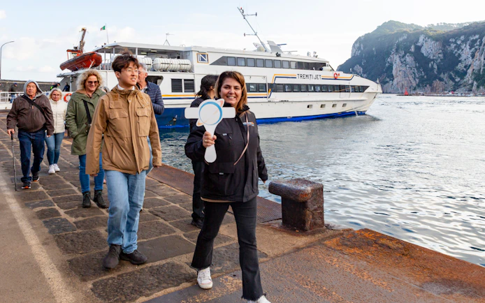 Tourists with guide at cruise dock during Capri tour.