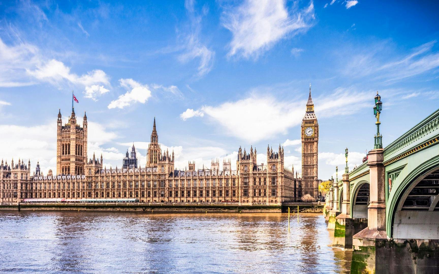 Houses of Parliament and Big Ben viewed from Westminster Bridge, London.