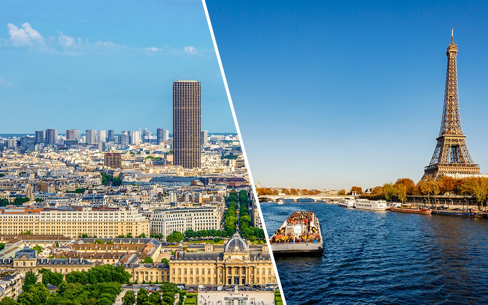 Seine River cruise with Eiffel Tower and Paris skyline in view.