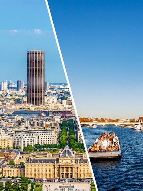 Seine River cruise with Eiffel Tower and Paris skyline in view.