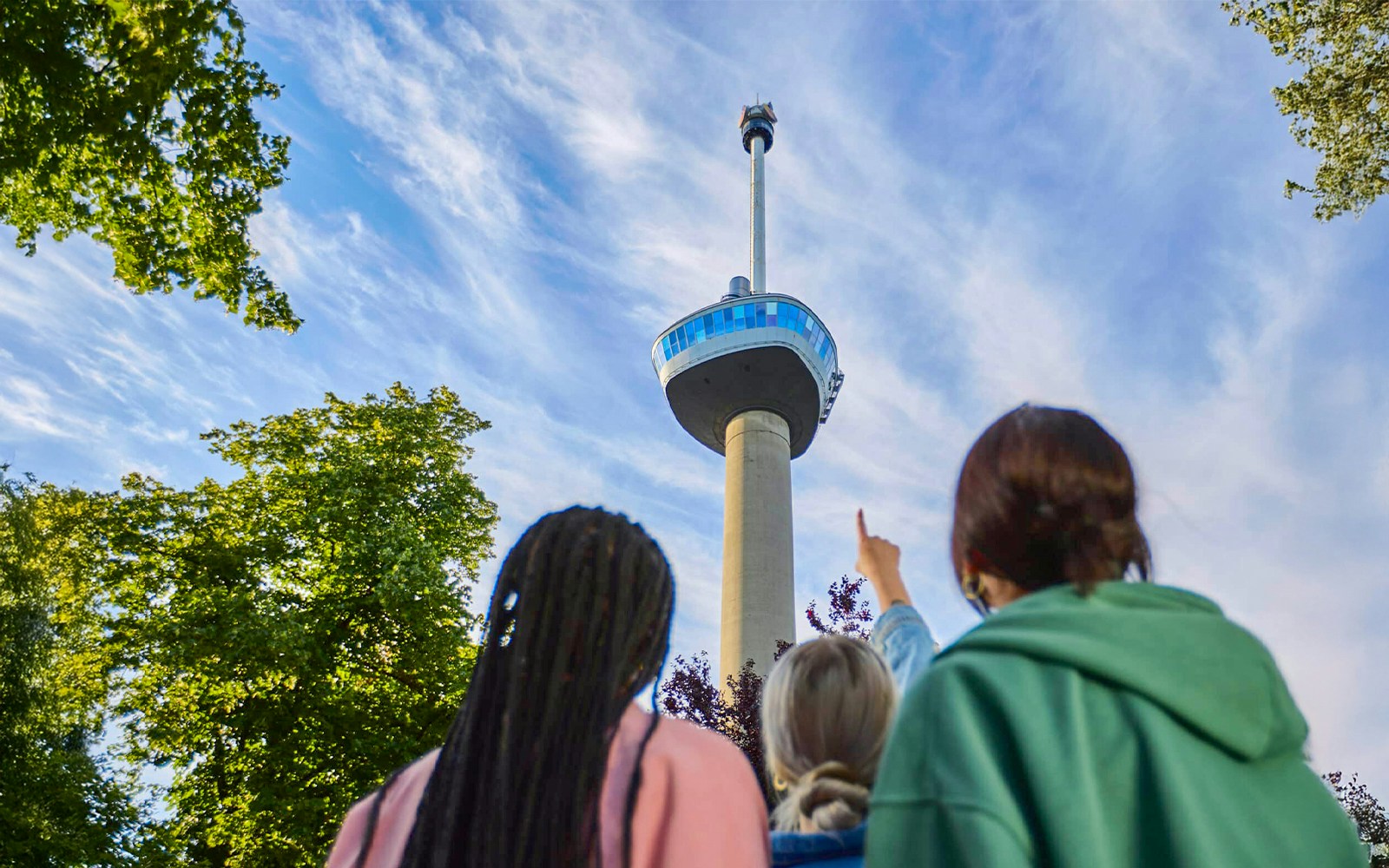 Euromast entrance with visitors in Rotterdam, Netherlands.