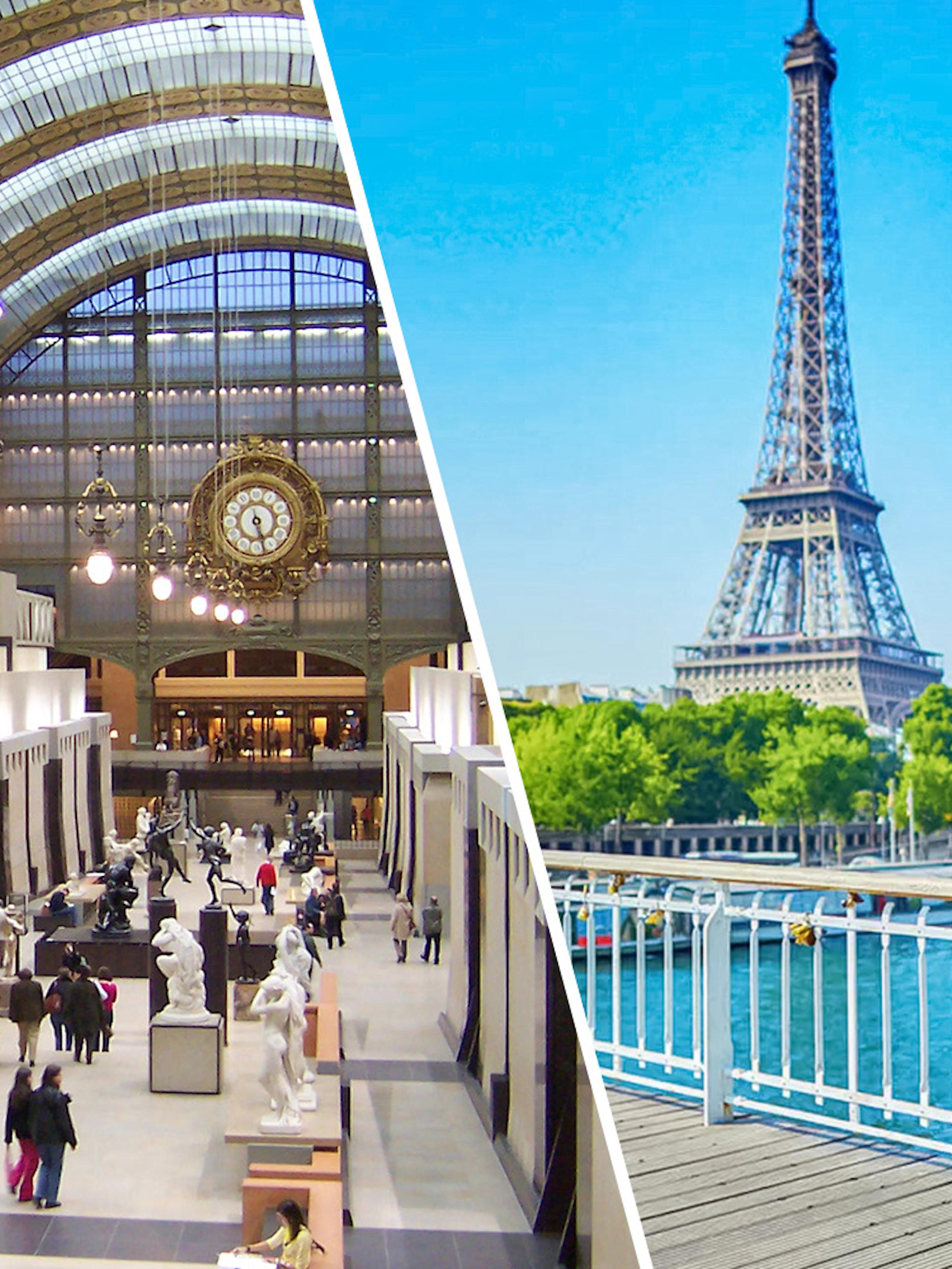 Eiffel Tower view and Orsay Museum interior in Paris tour combo.