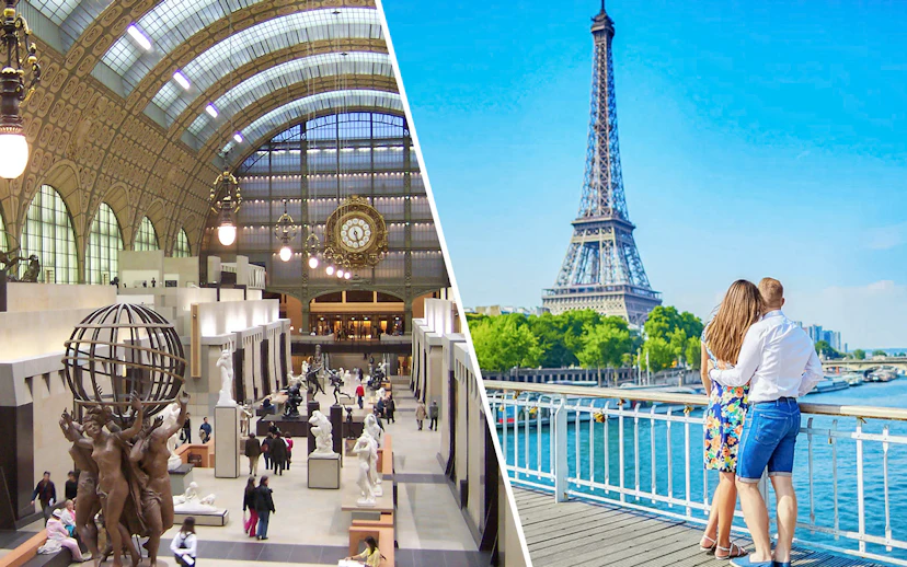 Eiffel Tower view and Orsay Museum interior in Paris tour combo.