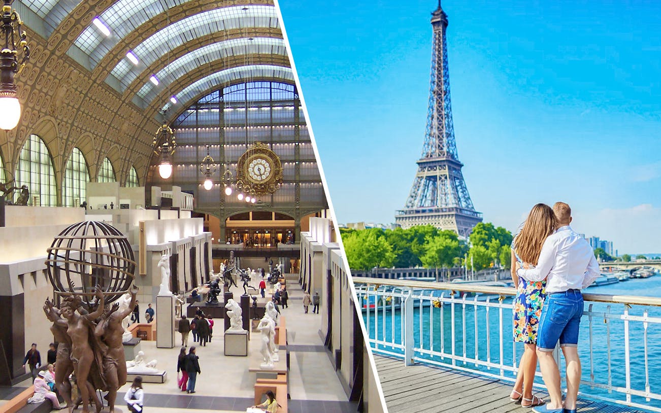 Eiffel Tower view and Orsay Museum interior in Paris tour combo.