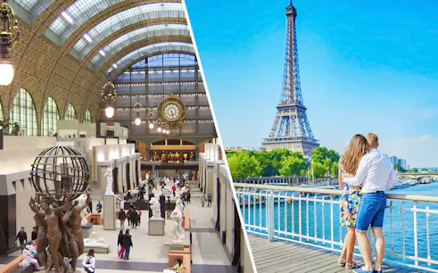 Eiffel Tower view and Orsay Museum interior in Paris tour combo.
