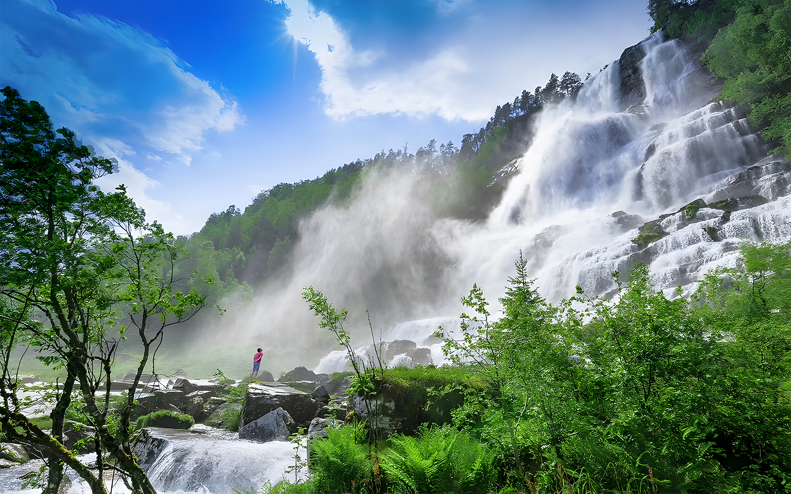 Waterfall in lush green landscape near Bergen, part of the Nærøyfjord cruise and Flåm Railway tour.