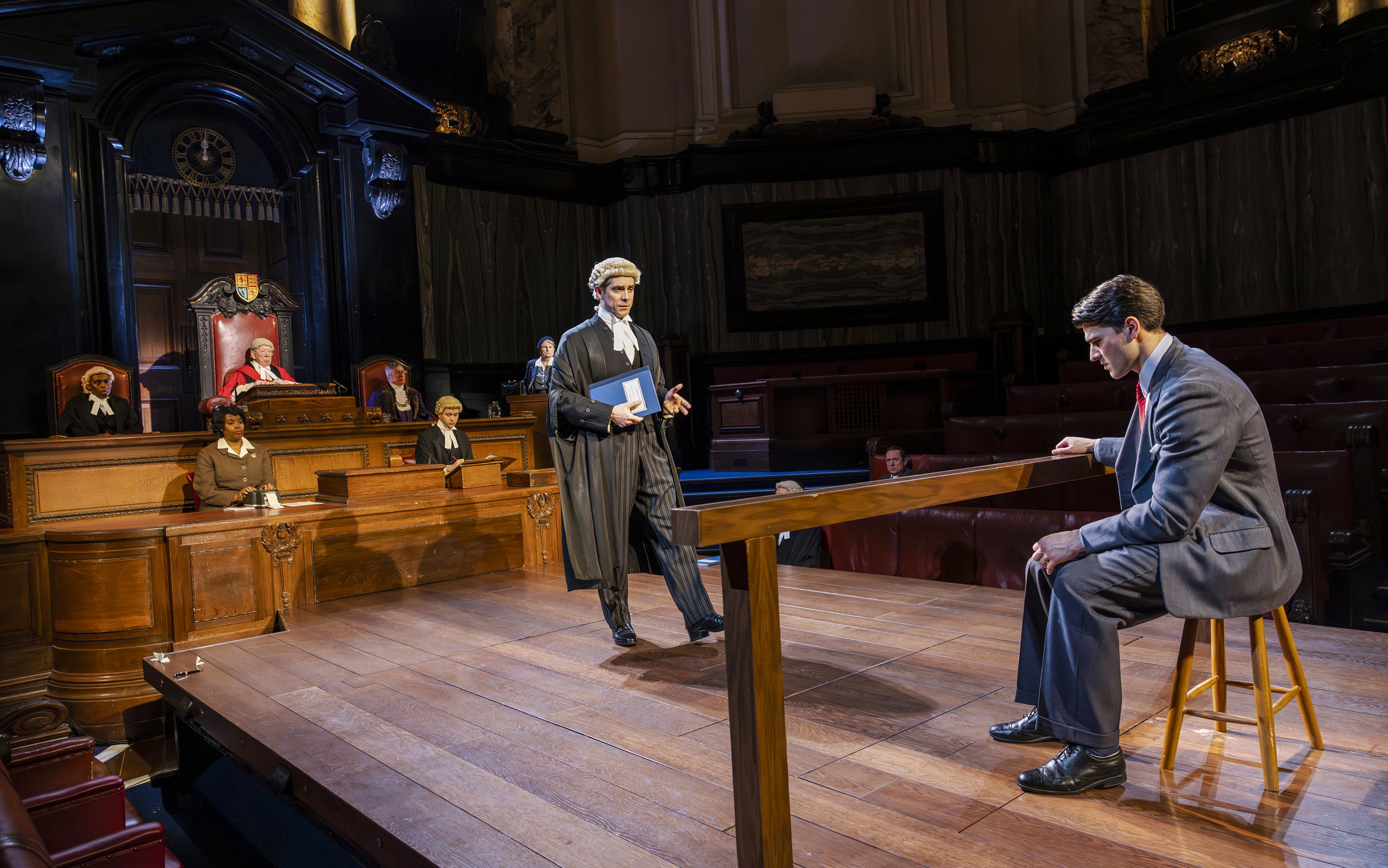 Cast of "Witness for the Prosecution" in courtroom scene, West End show.