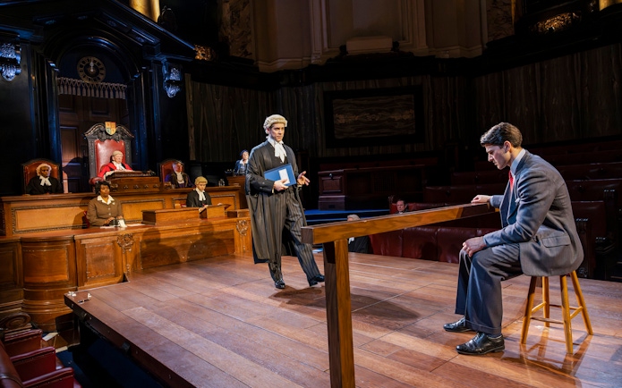 Cast of "Witness for the Prosecution" in courtroom scene, West End show.