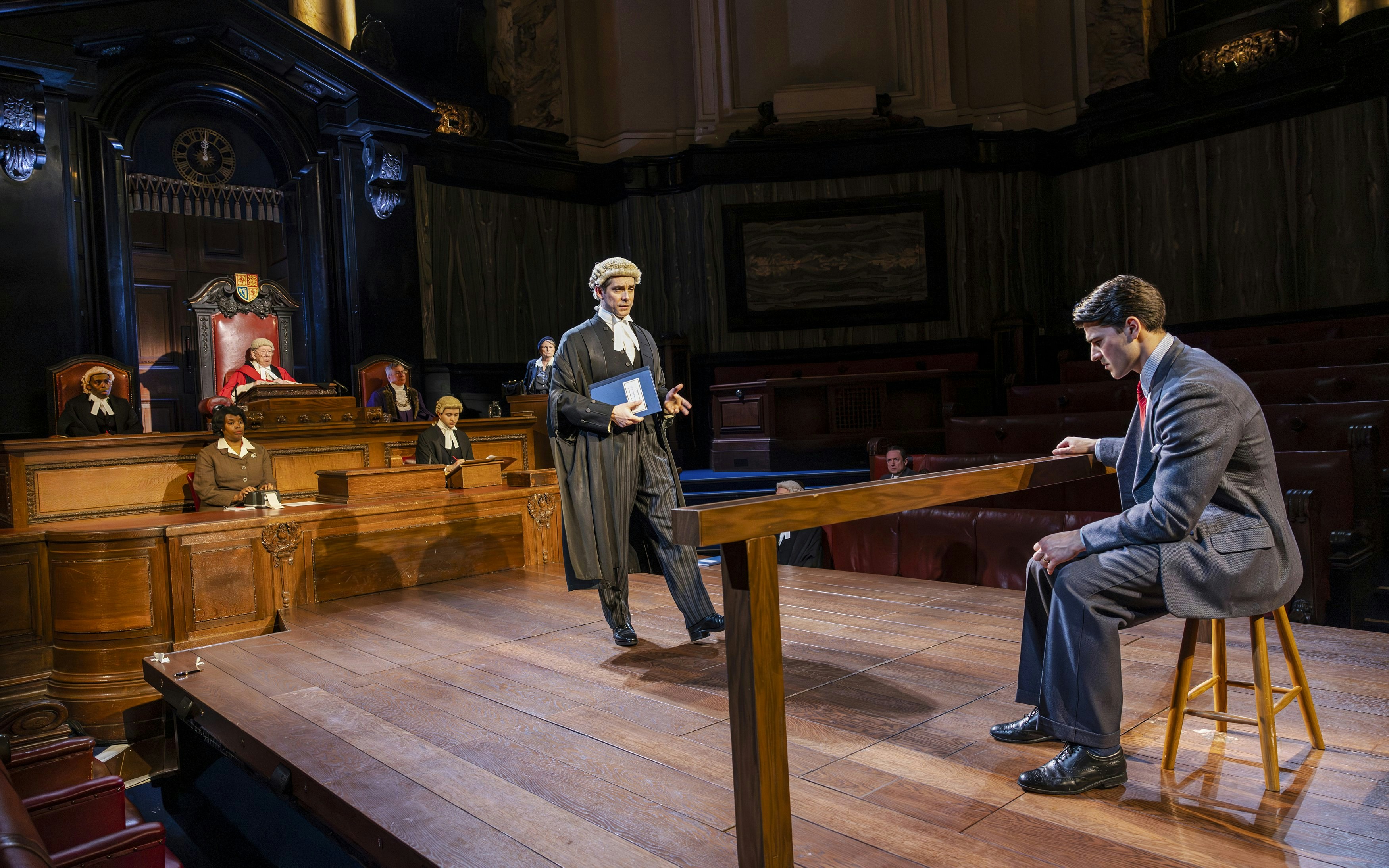 Cast of "Witness for the Prosecution" in courtroom scene, West End show.