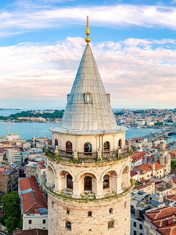 Galata Tower in Istanbul with cityscape view.
