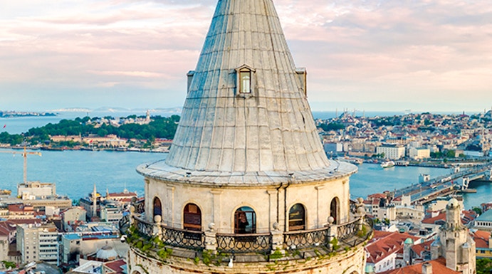 Galata Tower in Istanbul with cityscape view.